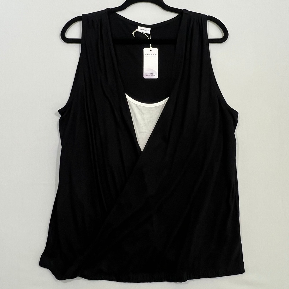 Lascana Wrap Top Layered Sleeveless V-Neck Office Black White Women US 12/14 NWT